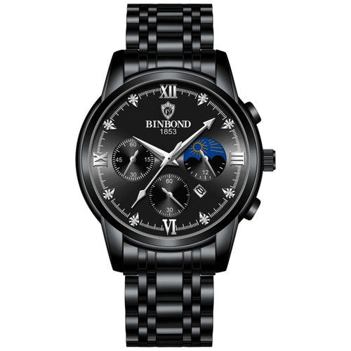 BINBOND B3591 นาฬิกาข้อมือผู้ชายปฏิทินเรืองแสงกันน้ำ 30 ม, Black Steel-Black, Black Leather-White-Black, Brown Leather-White-White