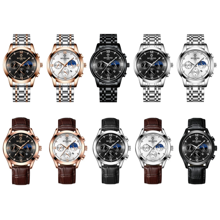 BINBOND B3591 นาฬิกาข้อมือผู้ชายปฏิทินเรืองแสงกันน้ำ 30 ม, Black Steel-Black, Black Leather-White-Black, Brown Leather-White-White