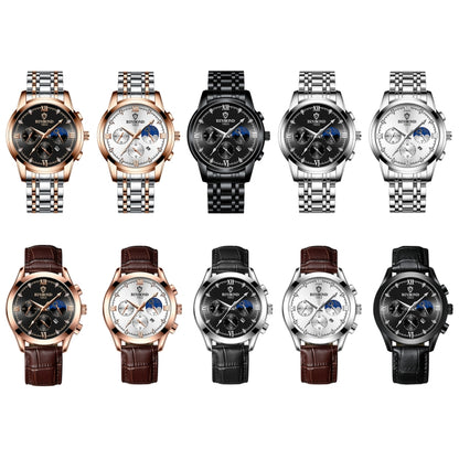 BINBOND B3591 นาฬิกาข้อมือผู้ชายปฏิทินเรืองแสงกันน้ำ 30 ม, Black Steel-Black, Black Leather-White-Black, Brown Leather-White-White