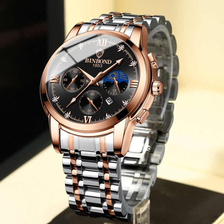 BINBOND B3591 นาฬิกาข้อมือผู้ชายปฏิทินเรืองแสงกันน้ำ 30 ม, Black Steel-Black, Black Leather-White-Black, Brown Leather-White-White