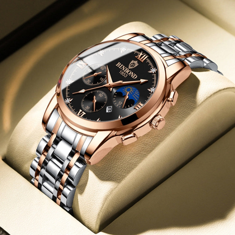 BINBOND B3591 นาฬิกาข้อมือผู้ชายปฏิทินเรืองแสงกันน้ำ 30 ม, Black Steel-Black, Black Leather-White-Black, Brown Leather-White-White