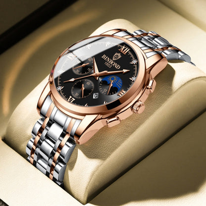 BINBOND B3591 นาฬิกาข้อมือผู้ชายปฏิทินเรืองแสงกันน้ำ 30 ม, Black Steel-Black, Black Leather-White-Black, Brown Leather-White-White
