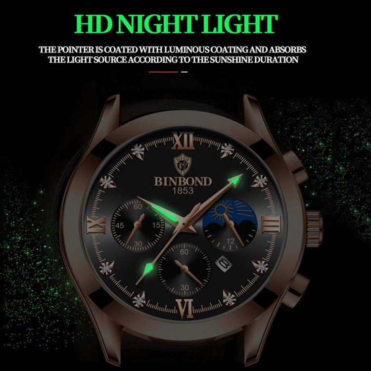 BINBOND B3591 นาฬิกาข้อมือผู้ชายปฏิทินเรืองแสงกันน้ำ 30 ม, Black Steel-Black, Black Leather-White-Black, Brown Leather-White-White