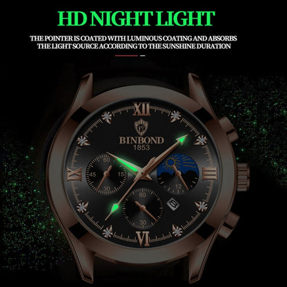 BINBOND B3591 นาฬิกาข้อมือผู้ชายปฏิทินเรืองแสงกันน้ำ 30 ม, Black Steel-Black, Black Leather-White-Black, Brown Leather-White-White