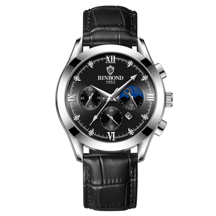 BINBOND B3591 นาฬิกาข้อมือผู้ชายปฏิทินเรืองแสงกันน้ำ 30 ม, Black Steel-Black, Black Leather-White-Black, Brown Leather-White-White