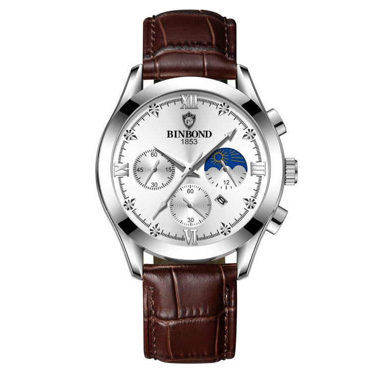 BINBOND B3591 นาฬิกาข้อมือผู้ชายปฏิทินเรืองแสงกันน้ำ 30 ม, Black Steel-Black, Black Leather-White-Black, Brown Leather-White-White