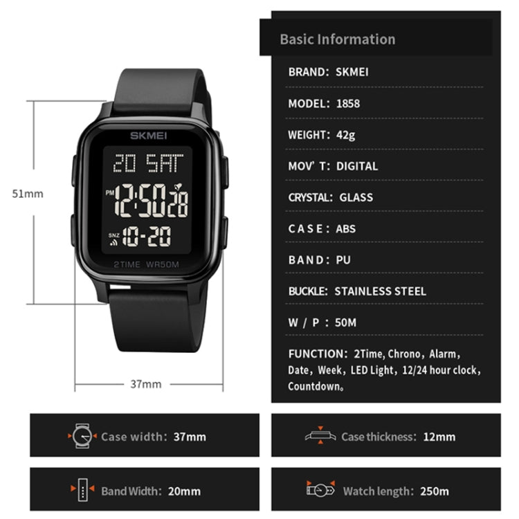 SKMEI 1858 Square Waterproof Digital Dual แสดงผล LED Luminous Watch, 1858 Red, 1858 Blue, 1858 Black, 1858 Rose Gold