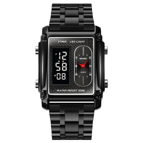 SKMEI 1868 Square Double Display Waterproof Men Watch สไตล์:, Steel Belt (Black), Leather Belt (Black), Steel Belt (Rose Gold), Leather Belt (Rose Gold), Steel Belt (Gold), Leather Belt (Gold), Steel Belt (Silver), Leather Belt (Silver)
