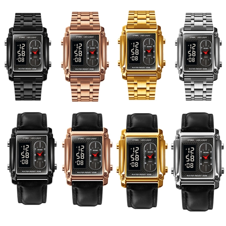 SKMEI 1868 Square Double Display Waterproof Men Watch สไตล์:, Steel Belt (Black), Leather Belt (Black), Steel Belt (Rose Gold), Leather Belt (Rose Gold), Steel Belt (Gold), Leather Belt (Gold), Steel Belt (Silver), Leather Belt (Silver)