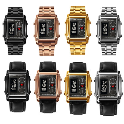 SKMEI 1868 Square Double Display Waterproof Men Watch สไตล์:, Steel Belt (Black), Leather Belt (Black), Steel Belt (Rose Gold), Leather Belt (Rose Gold), Steel Belt (Gold), Leather Belt (Gold), Steel Belt (Silver), Leather Belt (Silver)