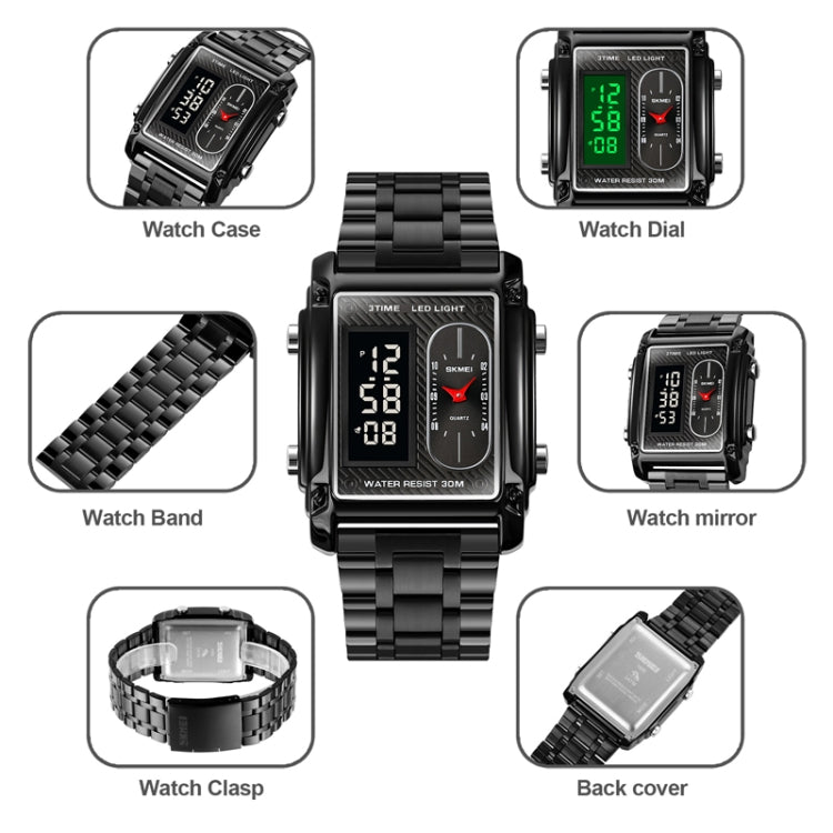 SKMEI 1868 Square Double Display Waterproof Men Watch สไตล์:, Steel Belt (Black), Leather Belt (Black), Steel Belt (Rose Gold), Leather Belt (Rose Gold), Steel Belt (Gold), Leather Belt (Gold), Steel Belt (Silver), Leather Belt (Silver)