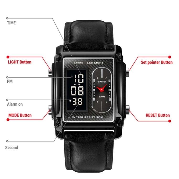 SKMEI 1868 Square Double Display Waterproof Men Watch สไตล์:, Steel Belt (Black), Leather Belt (Black), Steel Belt (Rose Gold), Leather Belt (Rose Gold), Steel Belt (Gold), Leather Belt (Gold), Steel Belt (Silver), Leather Belt (Silver)