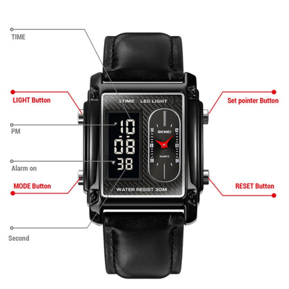 SKMEI 1868 Square Double Display Waterproof Men Watch สไตล์:, Steel Belt (Black), Leather Belt (Black), Steel Belt (Rose Gold), Leather Belt (Rose Gold), Steel Belt (Gold), Leather Belt (Gold), Steel Belt (Silver), Leather Belt (Silver)