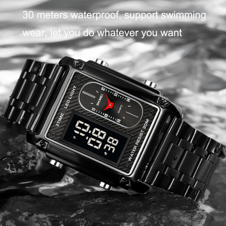 SKMEI 1868 Square Double Display Waterproof Men Watch สไตล์:, Steel Belt (Black), Leather Belt (Black), Steel Belt (Rose Gold), Leather Belt (Rose Gold), Steel Belt (Gold), Leather Belt (Gold), Steel Belt (Silver), Leather Belt (Silver)