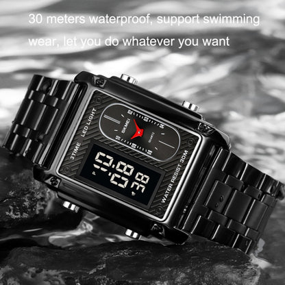 SKMEI 1868 Square Double Display Waterproof Men Watch สไตล์:, Steel Belt (Black), Leather Belt (Black), Steel Belt (Rose Gold), Leather Belt (Rose Gold), Steel Belt (Gold), Leather Belt (Gold), Steel Belt (Silver), Leather Belt (Silver)