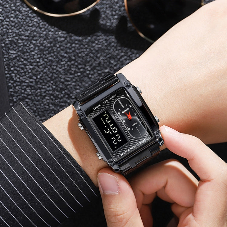 SKMEI 1868 Square Double Display Waterproof Men Watch สไตล์:, Steel Belt (Black), Leather Belt (Black), Steel Belt (Rose Gold), Leather Belt (Rose Gold), Steel Belt (Gold), Leather Belt (Gold), Steel Belt (Silver), Leather Belt (Silver)