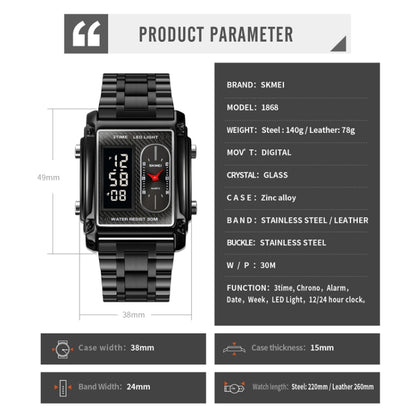 SKMEI 1868 Square Double Display Waterproof Men Watch สไตล์:, Steel Belt (Black), Leather Belt (Black), Steel Belt (Rose Gold), Leather Belt (Rose Gold), Steel Belt (Gold), Leather Belt (Gold), Steel Belt (Silver), Leather Belt (Silver)