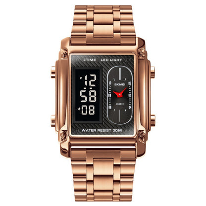 SKMEI 1868 Square Double Display Waterproof Men Watch สไตล์:, Steel Belt (Black), Leather Belt (Black), Steel Belt (Rose Gold), Leather Belt (Rose Gold), Steel Belt (Gold), Leather Belt (Gold), Steel Belt (Silver), Leather Belt (Silver)