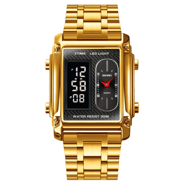 SKMEI 1868 Square Double Display Waterproof Men Watch สไตล์:, Steel Belt (Black), Leather Belt (Black), Steel Belt (Rose Gold), Leather Belt (Rose Gold), Steel Belt (Gold), Leather Belt (Gold), Steel Belt (Silver), Leather Belt (Silver)