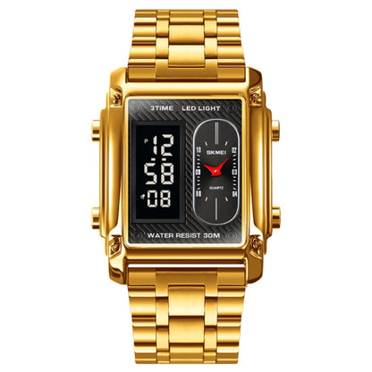 SKMEI 1868 Square Double Display Waterproof Men Watch สไตล์:, Steel Belt (Black), Leather Belt (Black), Steel Belt (Rose Gold), Leather Belt (Rose Gold), Steel Belt (Gold), Leather Belt (Gold), Steel Belt (Silver), Leather Belt (Silver)