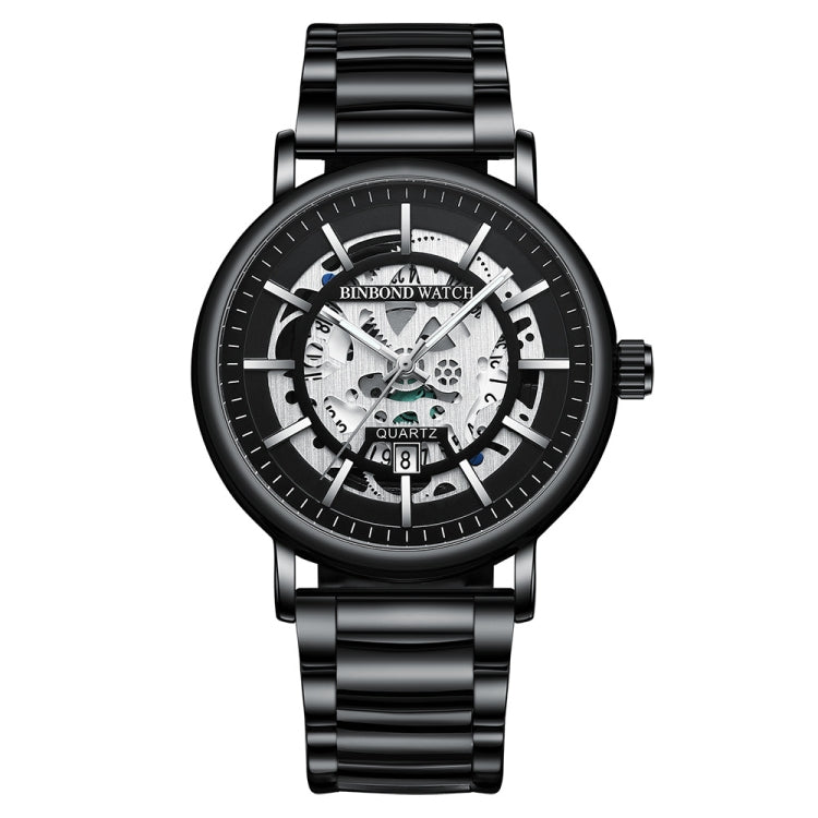 BINBOND B7872 นาฬิกาควอทซ์กันน้ำเรืองแสงมัลติฟังก์ชั่นกลวง, Black Steel-Black-White, Black Leather-Black-Black, Black Leather-White-Black