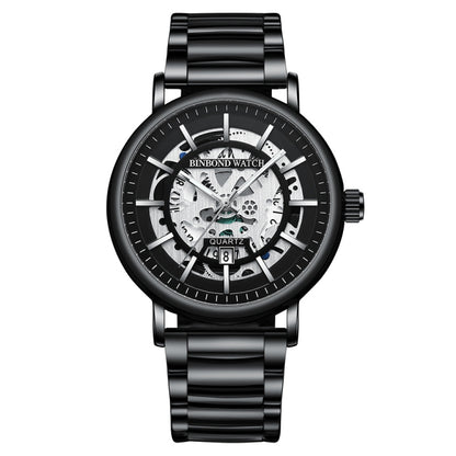 BINBOND B7872 นาฬิกาควอทซ์กันน้ำเรืองแสงมัลติฟังก์ชั่นกลวง, Black Steel-Black-White, Black Leather-Black-Black, Black Leather-White-Black
