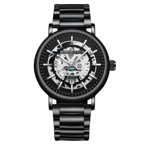 BINBOND B7872 นาฬิกาควอทซ์กันน้ำเรืองแสงมัลติฟังก์ชั่นกลวง, Black Steel-Black-White, Black Leather-Black-Black, Black Leather-White-Black