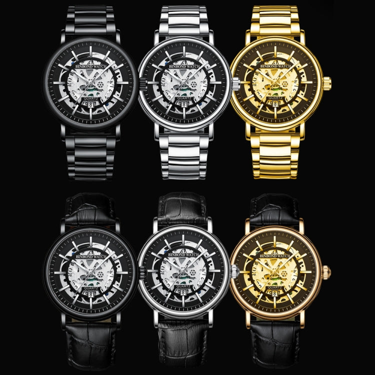 BINBOND B7872 นาฬิกาควอทซ์กันน้ำเรืองแสงมัลติฟังก์ชั่นกลวง, Black Steel-Black-White, Black Leather-Black-Black, Black Leather-White-Black