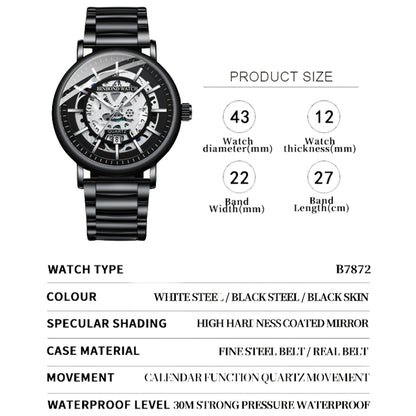BINBOND B7872 นาฬิกาควอทซ์กันน้ำเรืองแสงมัลติฟังก์ชั่นกลวง, Black Steel-Black-White, Black Leather-Black-Black, Black Leather-White-Black