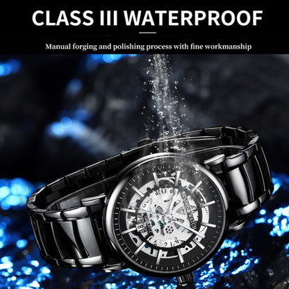 BINBOND B7872 นาฬิกาควอทซ์กันน้ำเรืองแสงมัลติฟังก์ชั่นกลวง, Black Steel-Black-White, Black Leather-Black-Black, Black Leather-White-Black