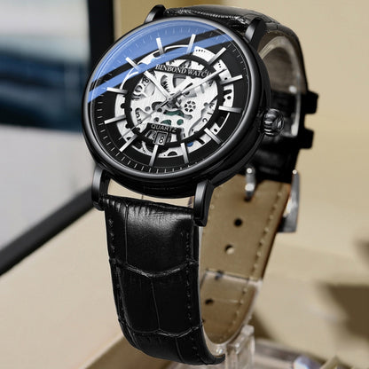 BINBOND B7872 นาฬิกาควอทซ์กันน้ำเรืองแสงมัลติฟังก์ชั่นกลวง, Black Steel-Black-White, Black Leather-Black-Black, Black Leather-White-Black