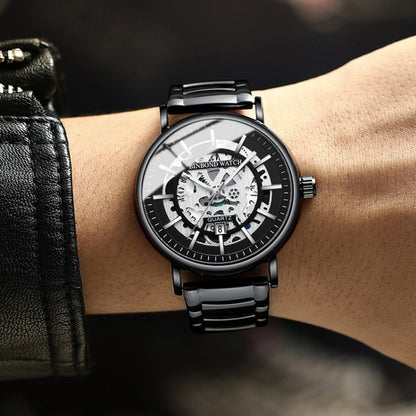 BINBOND B7872 นาฬิกาควอทซ์กันน้ำเรืองแสงมัลติฟังก์ชั่นกลวง, Black Steel-Black-White, Black Leather-Black-Black, Black Leather-White-Black