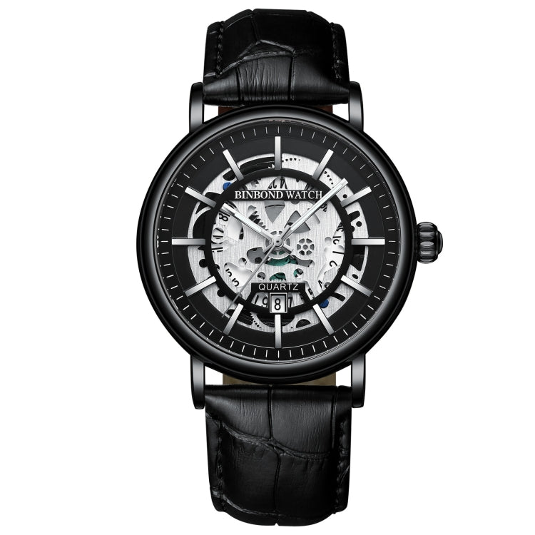 BINBOND B7872 นาฬิกาควอทซ์กันน้ำเรืองแสงมัลติฟังก์ชั่นกลวง, Black Steel-Black-White, Black Leather-Black-Black, Black Leather-White-Black