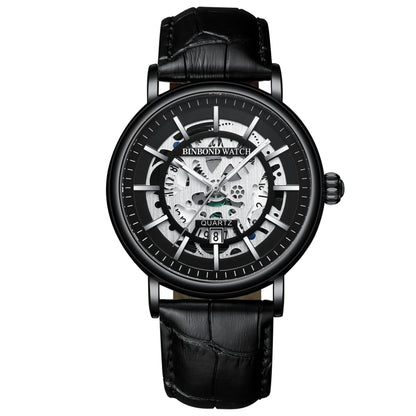 BINBOND B7872 นาฬิกาควอทซ์กันน้ำเรืองแสงมัลติฟังก์ชั่นกลวง, Black Steel-Black-White, Black Leather-Black-Black, Black Leather-White-Black