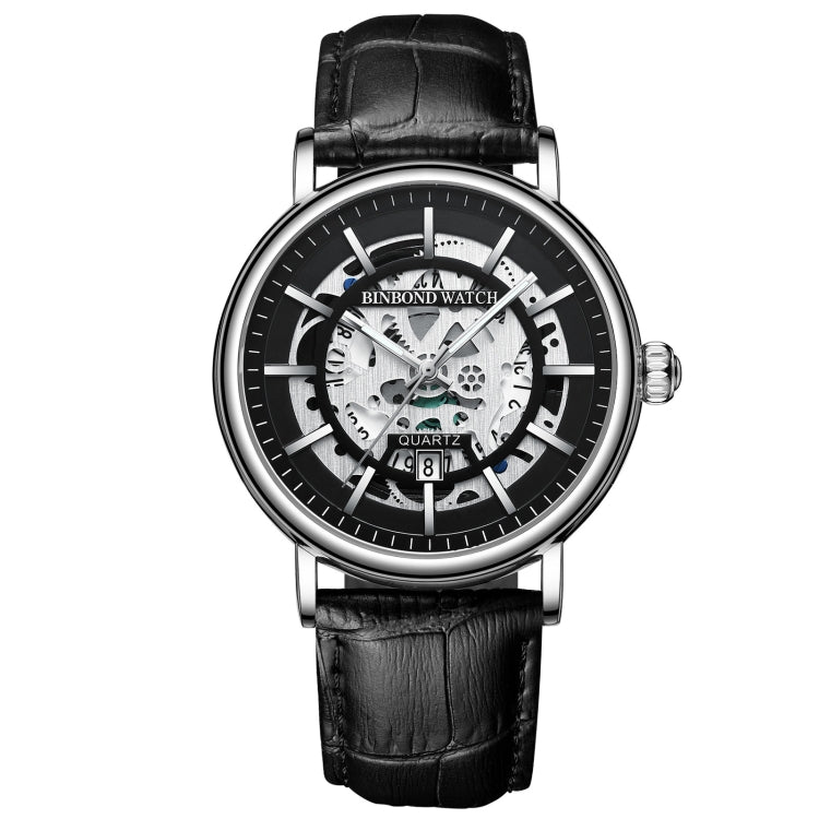 BINBOND B7872 นาฬิกาควอทซ์กันน้ำเรืองแสงมัลติฟังก์ชั่นกลวง, Black Steel-Black-White, Black Leather-Black-Black, Black Leather-White-Black