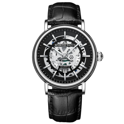 BINBOND B7872 นาฬิกาควอทซ์กันน้ำเรืองแสงมัลติฟังก์ชั่นกลวง, Black Steel-Black-White, Black Leather-Black-Black, Black Leather-White-Black