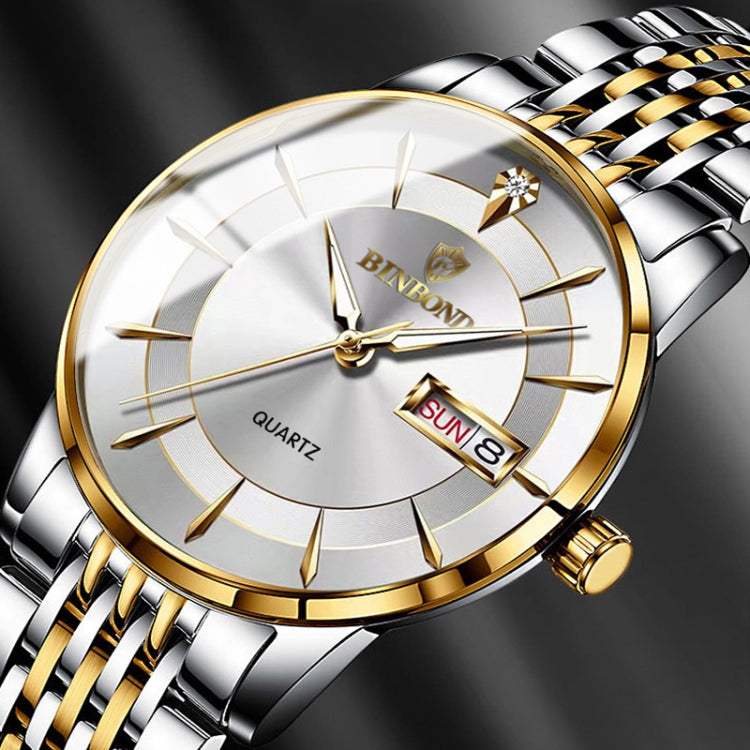 BINBOND B2077 30M Waterproof Quartz Luminous Watch Butterfly Buckle Men's Steel Belt Watch