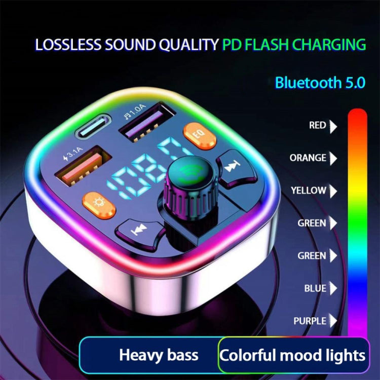 3.1A USB + PD เครื่องชาร์จในรถยนต์ Bluetooth เครื่องส่งสัญญาณ FM ในรถยนต์ ไฟหลากสีสัน, Q3, Q5, Q7