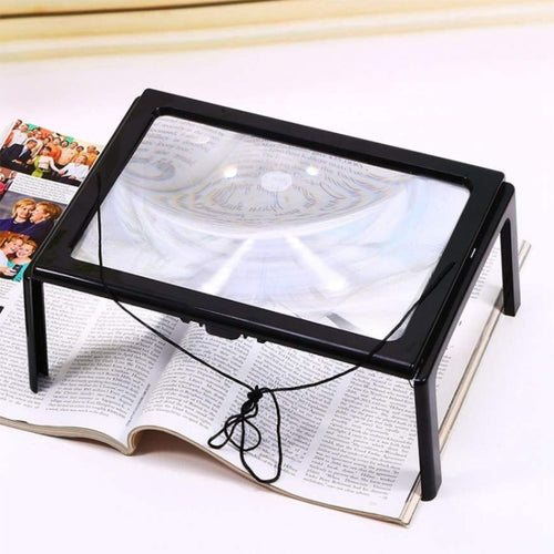 WJ10015 ไฟ LED อ่านแบบเต็มหน้าแว่นขยายวงเล็บพับสามมิติ, 3X Magnifying Glass