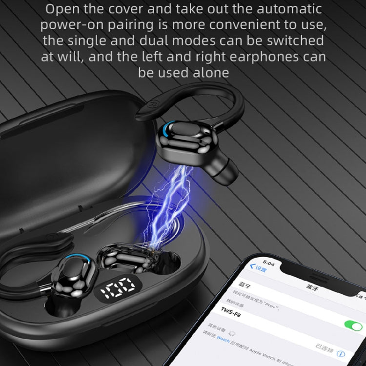 F8 หูฟังบลูทูธไร้สายสเตอริโอแบบห้อยหูพร้อมถังชาร์จ, With Charging Bin(Black Double Ear), With Charging Bin(Red Double Ear), With Charging Bin(Green Double Ear), With Charging Bin(Blue Double Ear)