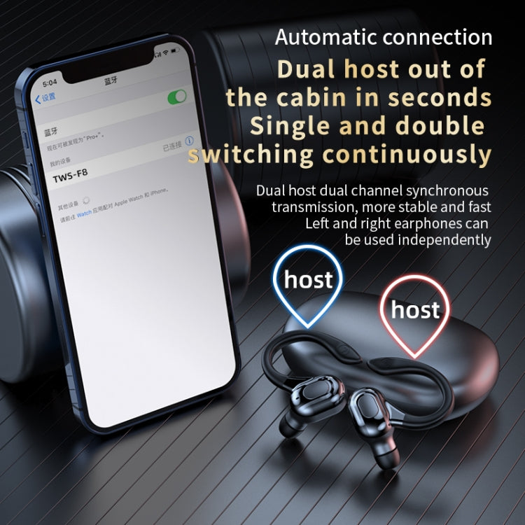 F8 หูฟังบลูทูธไร้สายสเตอริโอแบบห้อยหูพร้อมถังชาร์จ, With Charging Bin(Black Double Ear), With Charging Bin(Red Double Ear), With Charging Bin(Green Double Ear), With Charging Bin(Blue Double Ear)