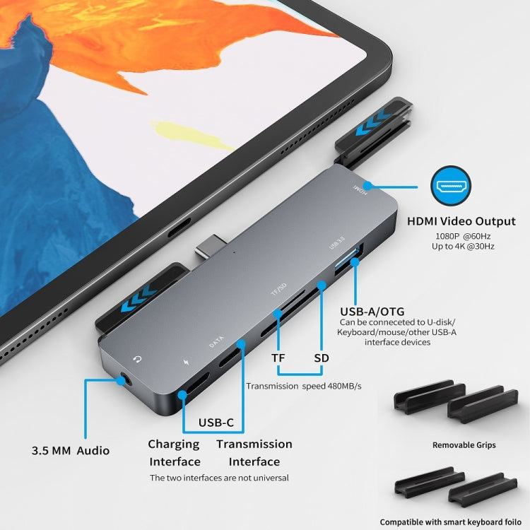 สำหรับ IPad Pro 7-In-1 HDMI 4K + 3.5 มม. เสียง + SD/TF+ 1 USB 3.0 + USB-C/Type-C + PD แท่นวาง USB-C, For IPad Pro 7-In-1