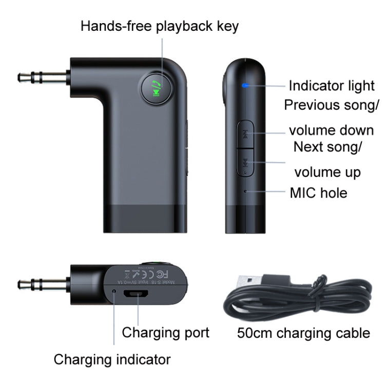 S-18 Car Mini AUX Audio Adapter ไร้สาย Bluetooth 5.0 ตัวรับ, S-18