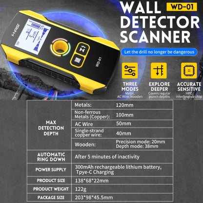 FNIRSI WD-01 เครื่องตรวจจับโลหะลวดติดผนังแบบมัลติฟังก์ชั่นเครื่องสแกนสายมืด, WD-01