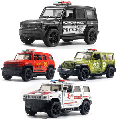 1:36 ออฟโรดรถตำรวจรถพยาบาลโมเดลรถเด็กของเล่นมีเสียงและไฟ, Police Car, Ambulance Car, fire truck, Army