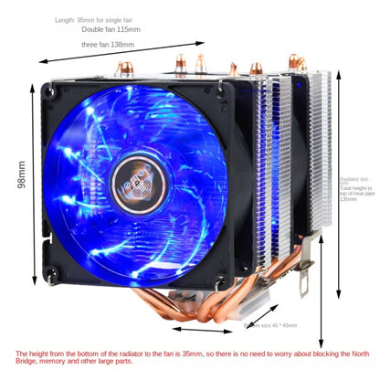หม้อน้ำซีพียูท่อทองแดงคู่คอมพิวเตอร์เดสก์ท็อปเงียบสุด ๆ, 2 Tube Color Light 3-pin Single Fan, 2 Tube Color Light 3-pin Double Fan
