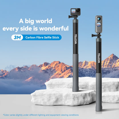 TELESIN 3M คาร์บอนไฟเบอร์ไม้เซลฟี่ Monopod พร้อมสกรู 1/4 สำหรับกล้องแอคชั่นแคมเมรา, 3m