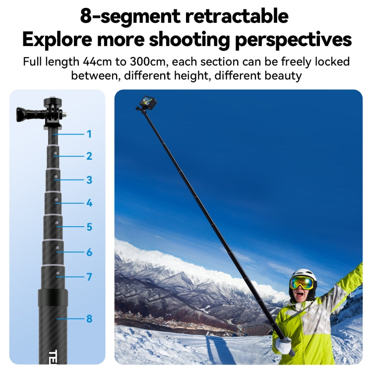 TELESIN 3M คาร์บอนไฟเบอร์ไม้เซลฟี่ Monopod พร้อมสกรู 1/4 สำหรับกล้องแอคชั่นแคมเมรา, 3m