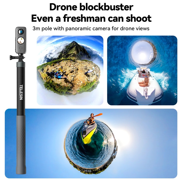 TELESIN 3M คาร์บอนไฟเบอร์ไม้เซลฟี่ Monopod พร้อมสกรู 1/4 สำหรับกล้องแอคชั่นแคมเมรา, 3m