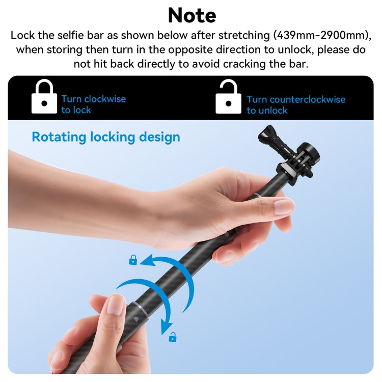 TELESIN 3M คาร์บอนไฟเบอร์ไม้เซลฟี่ Monopod พร้อมสกรู 1/4 สำหรับกล้องแอคชั่นแคมเมรา, 3m